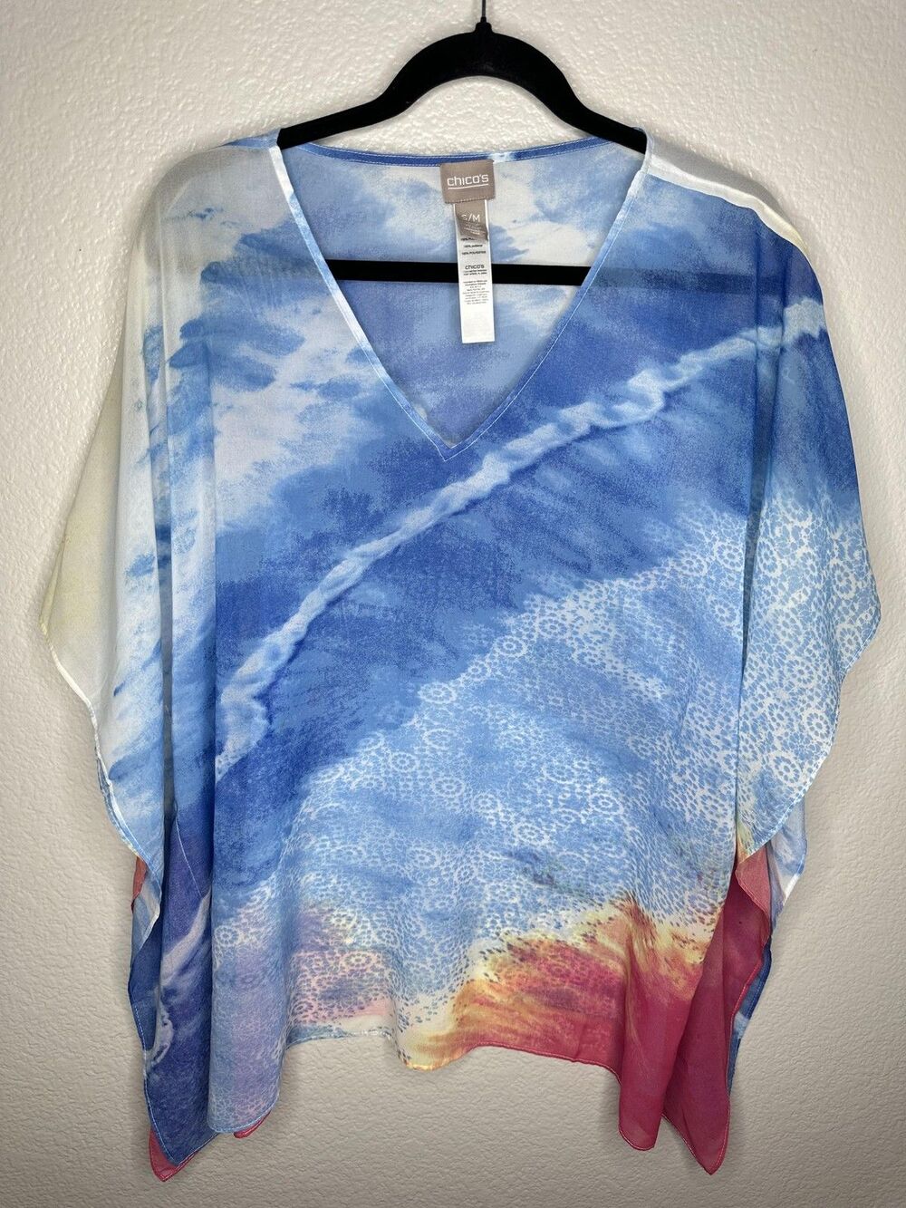 Chicos Poncho Top Womens Small Medium Blue Pink Sheer Chiffon V Neck Boho Flowy